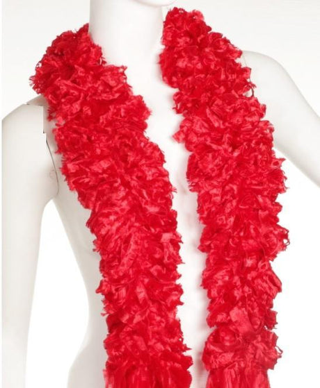 Featherless red boa scarf, soft and vibrant, perfect accessory for any outfit, comes in a tulle bag for easy storage.
