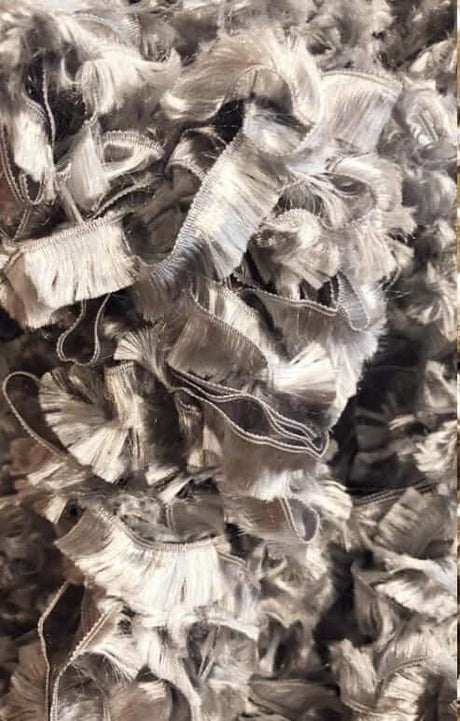 Featherless silver boa made of soft polyester fibers, showcasing a vibrant and elegant texture for added style.