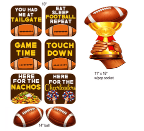Football Prop Set featuring 10" square props, 14" football, and 18" trophy prop with pop socket.