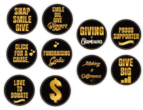 Fun black and gold photo booth props with slogans for fundraising events, featuring 10" round anti-glare signs.