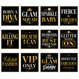 Photo Booth props - A 12-piece set of square black and gold party sign templates featuring various celebratory and fashion-themed quotes like 'BORN A DIVA', 'GLAM SQUAD', and 'FIERCE & FABULOUS'.