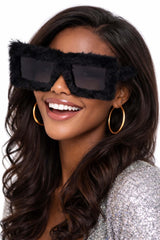 Model wearing fun Black Furry Glasses, fluffy black square sunglasses perfect for parties and photo booths.