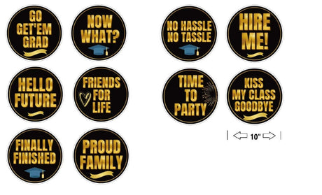 Hello Future Graduation Set with colorful photo booth props, featuring fun phrases and 10" round designs for celebrations.