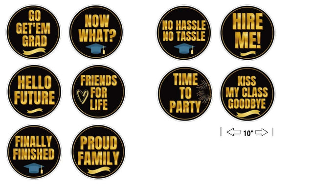 Hello Future Graduation Set with colorful photo booth props, featuring fun phrases and 10" round designs for celebrations.