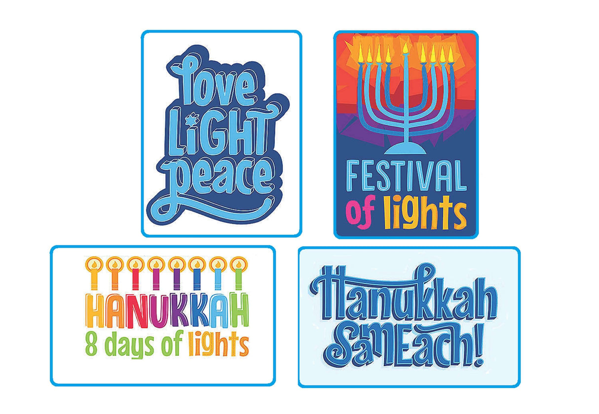Hanukkah photo booth sign props set of 4, double-sided PVC designs featuring festive messages.