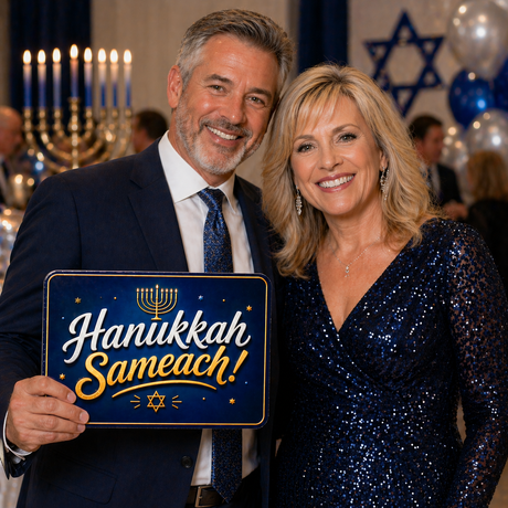 Hanukkah - Photo Booth Sign Props . Set of5  - Double Sided. Couple holding festive sign at holiday celebration.