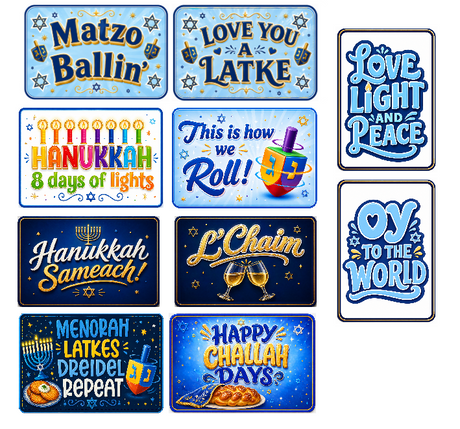 Hanukkah - Photo Booth Sign Props . Set of5  - Double Sided featuring colorful phrases for festive photo booths.