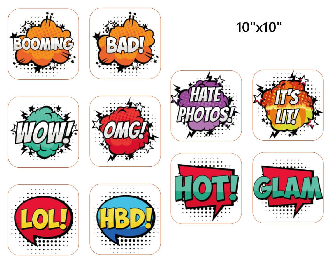 Colorful 10x10 Fun Explosion Party Prop Set featuring vibrant speech bubble words like WOW, HBD, and IT'S LIT!