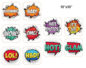 Colorful 10x10 Fun Explosion Party Prop Set featuring vibrant speech bubble words like WOW, HBD, and IT'S LIT!