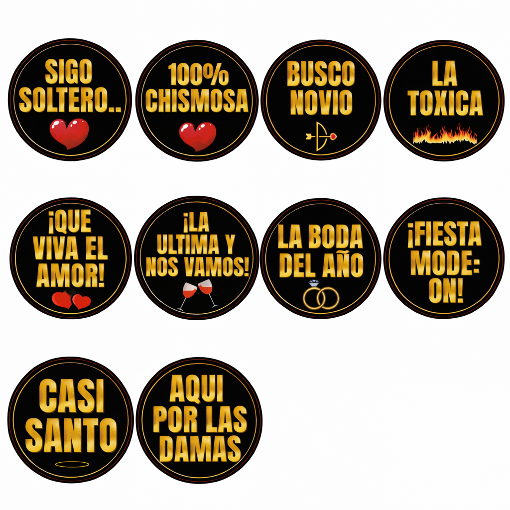Wedding Photo Booth Props Spanish Language Black And Gold Prop Set Five Round PVC Props Ten Inch Each