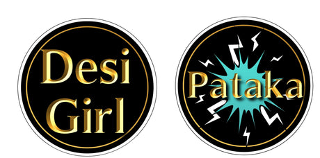 Elegant black and gold round props featuring 'Desi Girl' and 'Pataka' text for wedding celebrations.