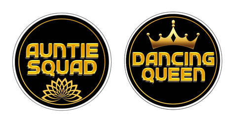 Black and gold circular stickers featuring 'Auntie Squad' and 'Dancing Queen' designs, perfect for party decorations.