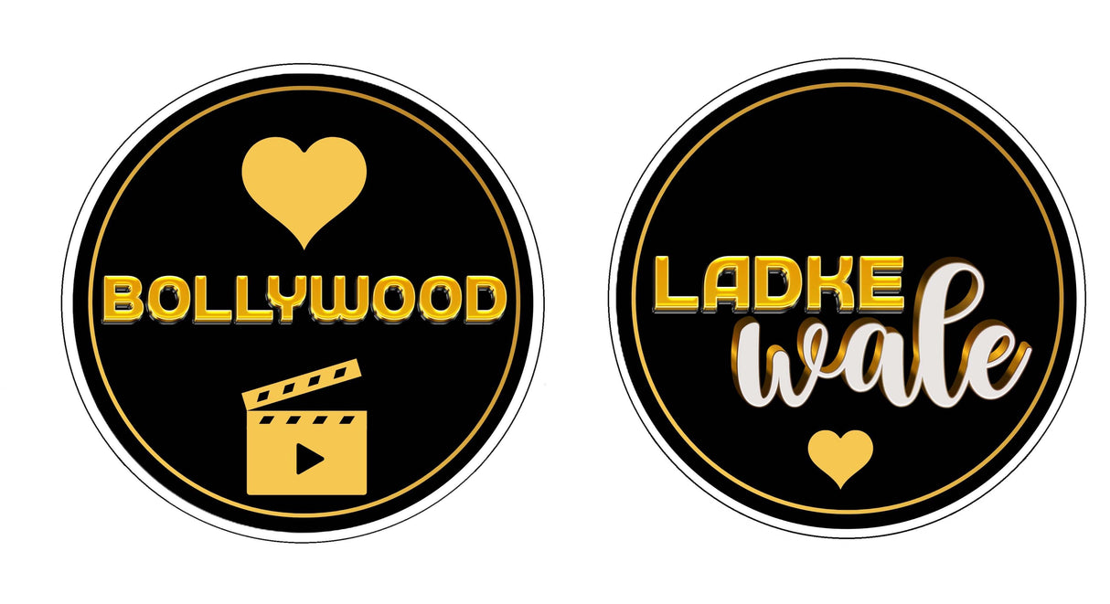Black and gold Bollywood wedding props featuring text and film icon, perfect for themed celebrations.