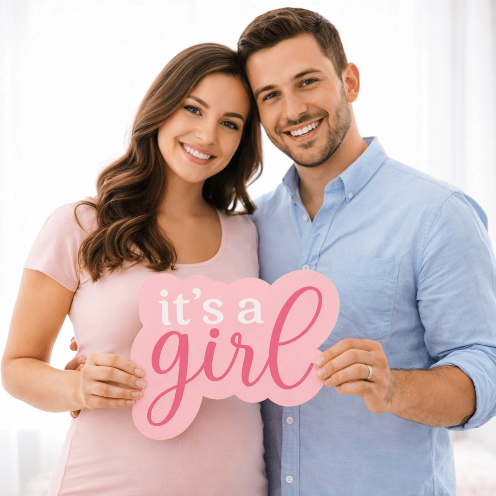 Smiling couple holding a sign saying it's a girl! as part of a fun prop for baby announcements.