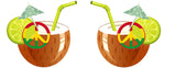 Colorful coconut cocktails with peace signs, straws, and lime, perfect for a Rasta beach party.
