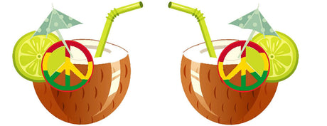 Colorful coconut cocktails with peace signs, straws, and lime, perfect for a Rasta beach party.