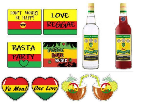 Colorful Jamaica One Love Rasta Party decor with signs, bottles, and heart props, perfect for festive celebrations.
