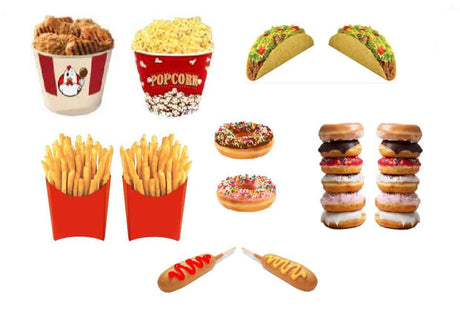 Huge junk food collection featuring popcorn, tacos, fries, corn dogs, and donuts in a vibrant 6-piece set.