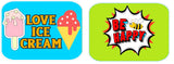 Colorful kids party props featuring 'Love Ice Cream' and 'Be Happy' designs on vibrant backgrounds.
