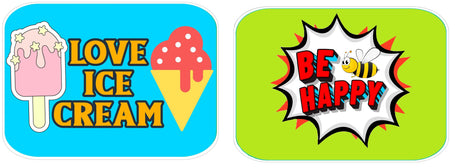 Colorful kids party props featuring 'Love Ice Cream' and 'Be Happy' designs on vibrant backgrounds.