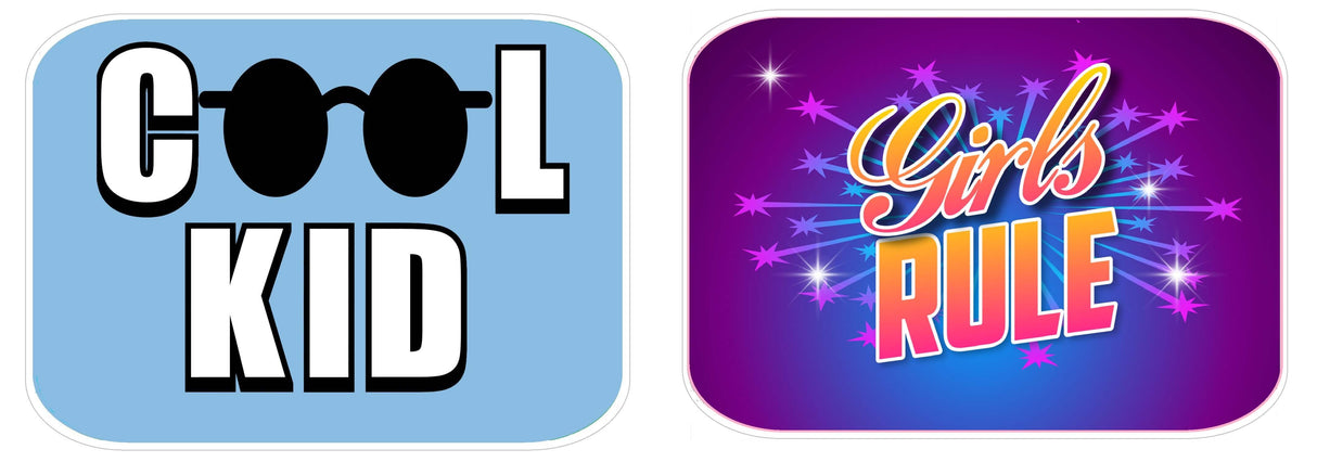Colorful kids party props featuring 'Cool Kid' and 'Girls Rule' designs, perfect for vibrant celebrations.