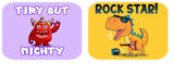 Colorful kids party props featuring a red monster saying 'Tiny but Mighty' and a dinosaur saying 'Rock Star!'