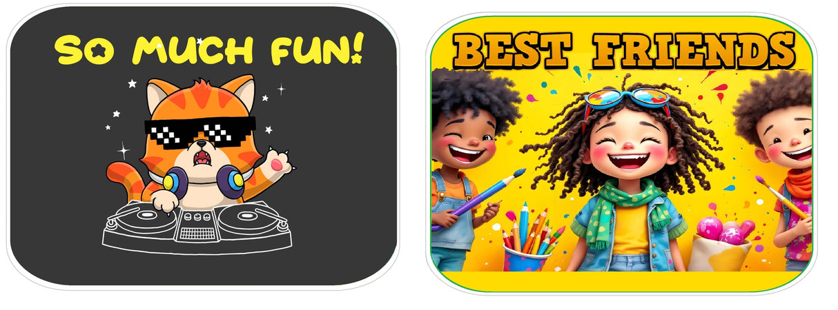 Vibrant kids party prop set featuring fun cat DJ and joyful friends with colorful backgrounds, perfect for celebrations.