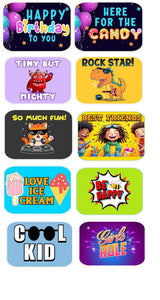 Colorful kids party props featuring fun sayings and characters like 'Happy Birthday', 'Rock Star', and 'Cool Kid'.