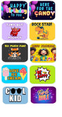 Colorful kids party props featuring fun sayings and characters like 'Happy Birthday', 'Rock Star', and 'Cool Kid'.