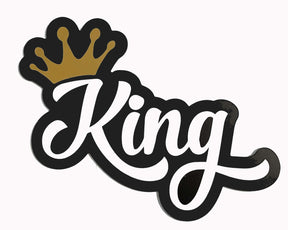 King prop with black and gold design, 14" long, 6mm thick, anti-glare, part of new collection, fun decor.