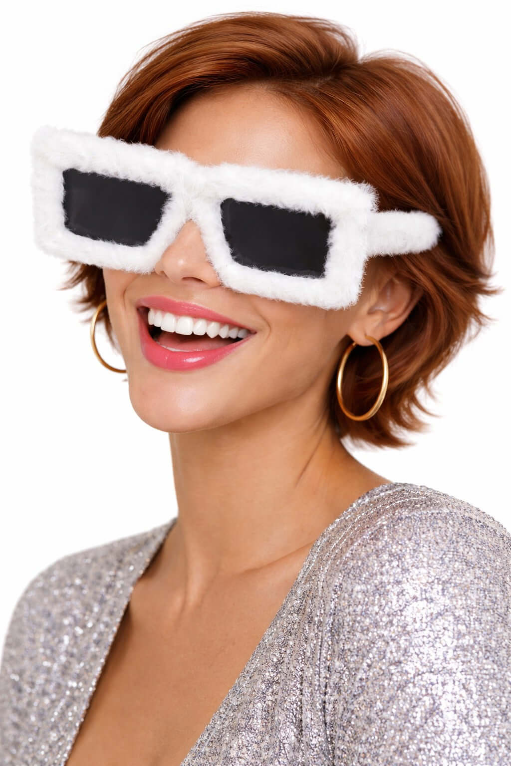 Woman smiling while wearing White Furry Glasses, fluffy square sunglasses for parties and photo booths.