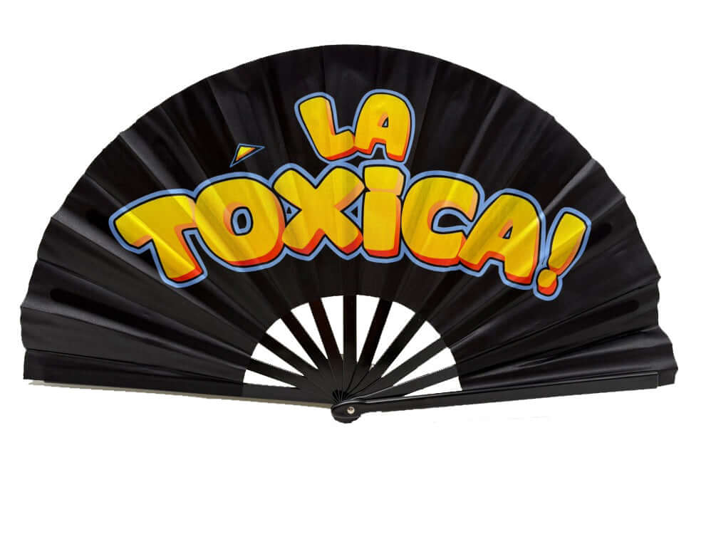 Folding La Toxica fan, 13" tall, colorful prop for events, adds fun and excitement to any celebration.
