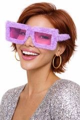 Light Purple Furry Glasses worn by a smiling woman in a sparkly outfit, perfect for parties and photo booths.