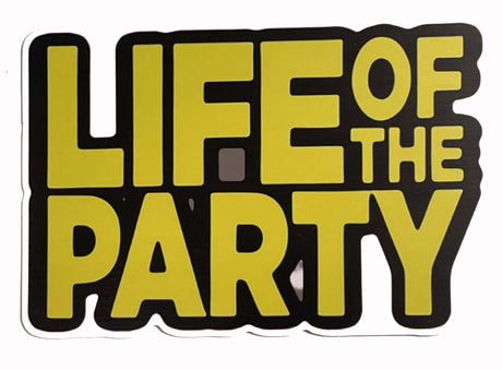 Vibrant 'Life of the Party' prop in bright yellow and black, perfect for adding fun to any celebration.