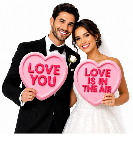 Couple holding Ultimate hearts Wedding Set Photo Booth Props with playful sayings for wedding celebrations.