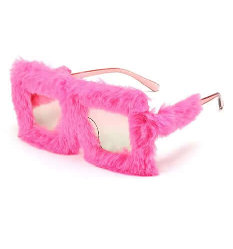 Pink Furry Glasses – Fluffy pink square sunglasses perfect for parties and photo booths.