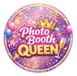 Photo Booth Queen logo in vibrant colors with crown, camera, balloons, and party elements.