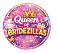 Queen of Bridezillas graphic featuring crown, cake, and champagne glasses on a sparkling background.