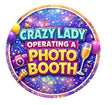 Crazy lady operating a photo booth with festive decorations and props in a vibrant design.