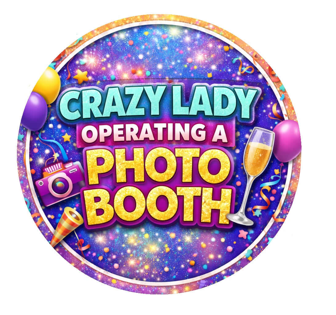 Crazy lady operating a photo booth with festive decorations and props in a vibrant design.
