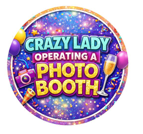 Crazy lady operating a photo booth with festive decorations and props in a vibrant design.