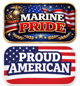 Marine Pride and Proud American graphic designs featuring patriotic themes with flags and emblems.
