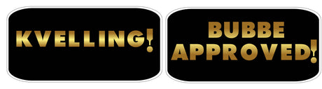 Gold sign photo booth props featuring 'Kvelling!' and 'Bubbe Approved!' for Mitzvah celebrations.