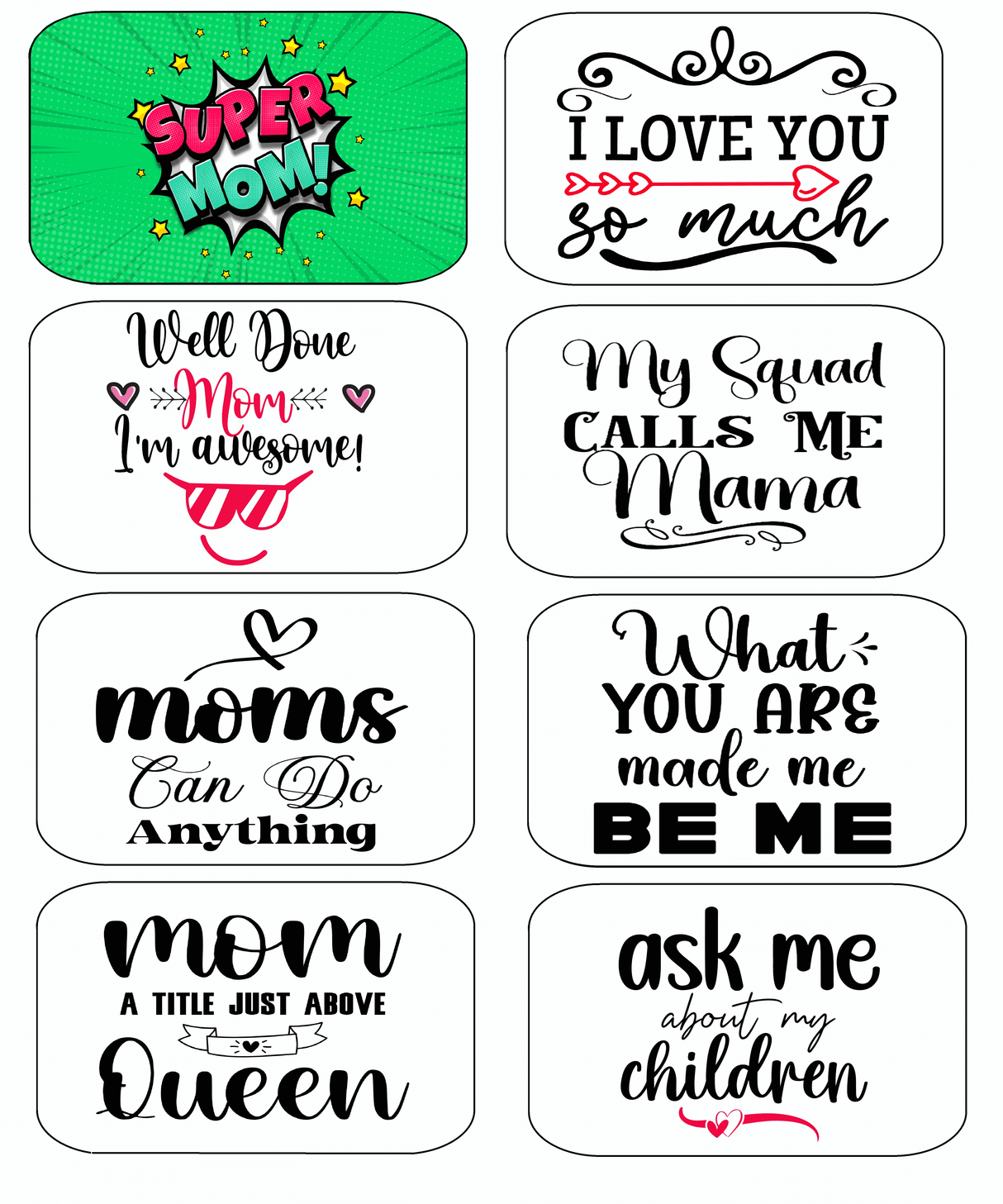 Colorful Mothers Day Prop Set featuring fun mom-themed quotes for celebrations and parties.