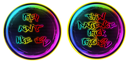 Colorful PVC party prop set featuring neon phrases 'They Ain't Like Us' and 'Thin Patience Trick Tricks', vibrant 10" round design.