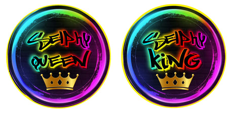 Ain't Like Us party prop set featuring colorful PVC props with 'Selphy Queen' and 'Selphy King' designs in neon colors.