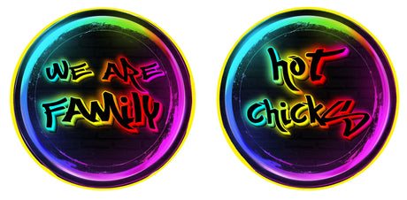 Colorful PVC party props featuring neon phrases: 'We Are Family' and 'Hot Chicks' for fun celebrations.