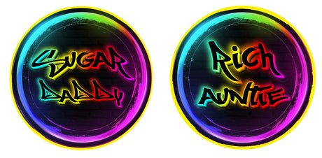 Ain't Like Us Party Prop Set with colorful neon PVC round props labeled Sugar Daddy and Rich Auntie, each 10 inches.