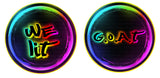 Colorful neon round PVC party props featuring 'WE lit' and 'G.O.A.T.' designs, perfect for vibrant celebrations.