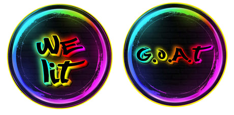 Colorful neon round PVC party props featuring 'WE lit' and 'G.O.A.T.' designs, perfect for vibrant celebrations.